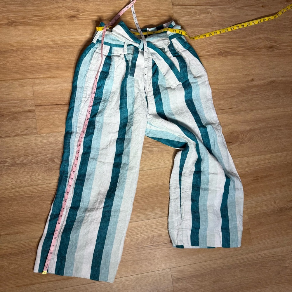 J. CREW Paper-bag linen pant in cabana stripe Turquoise Jade White Womens Size 8 - Picture 7 of 9
